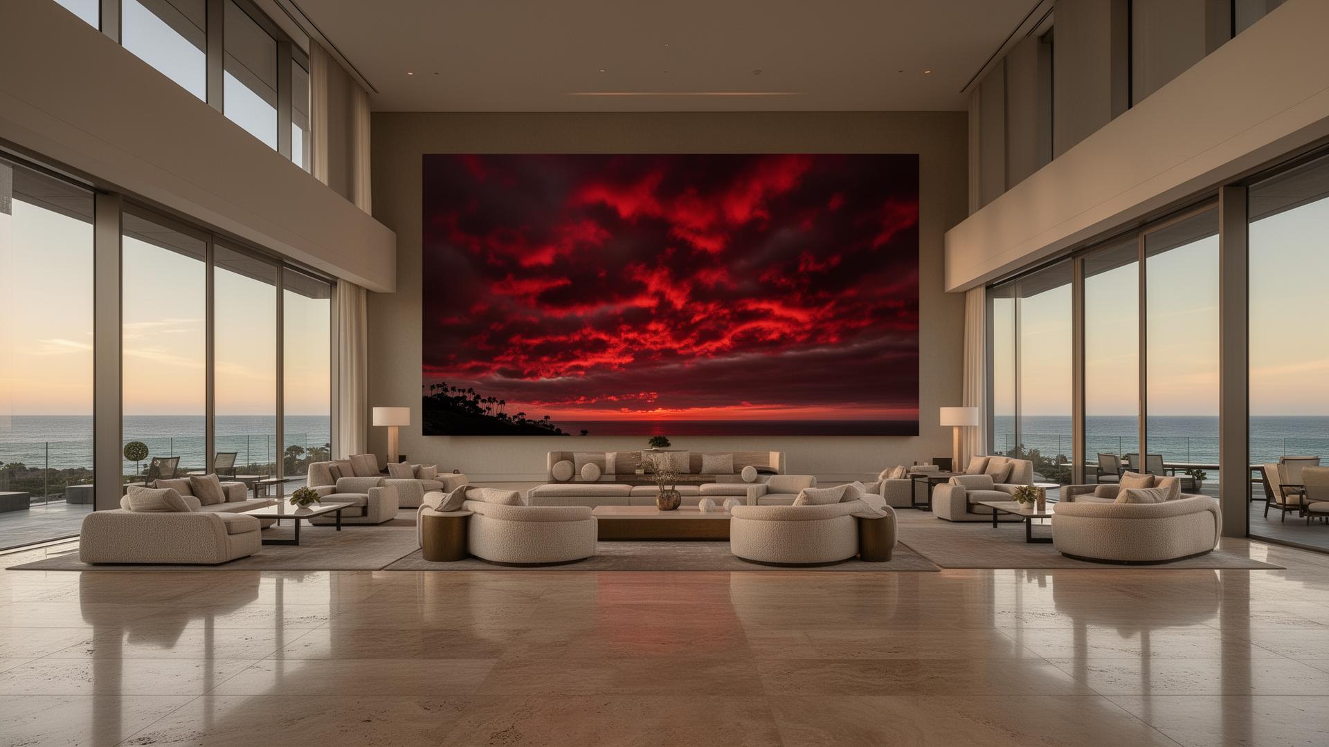 Large-format Laguna sunset print installed in a modern luxury hotel lobby overlooking the Pacific