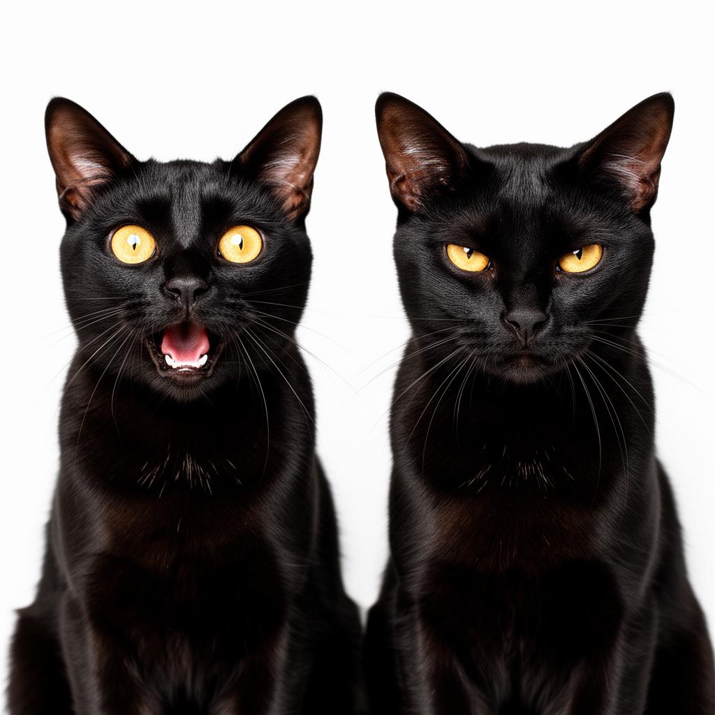 Two black cats with golden eyes — Nice Cat and Mean Cat